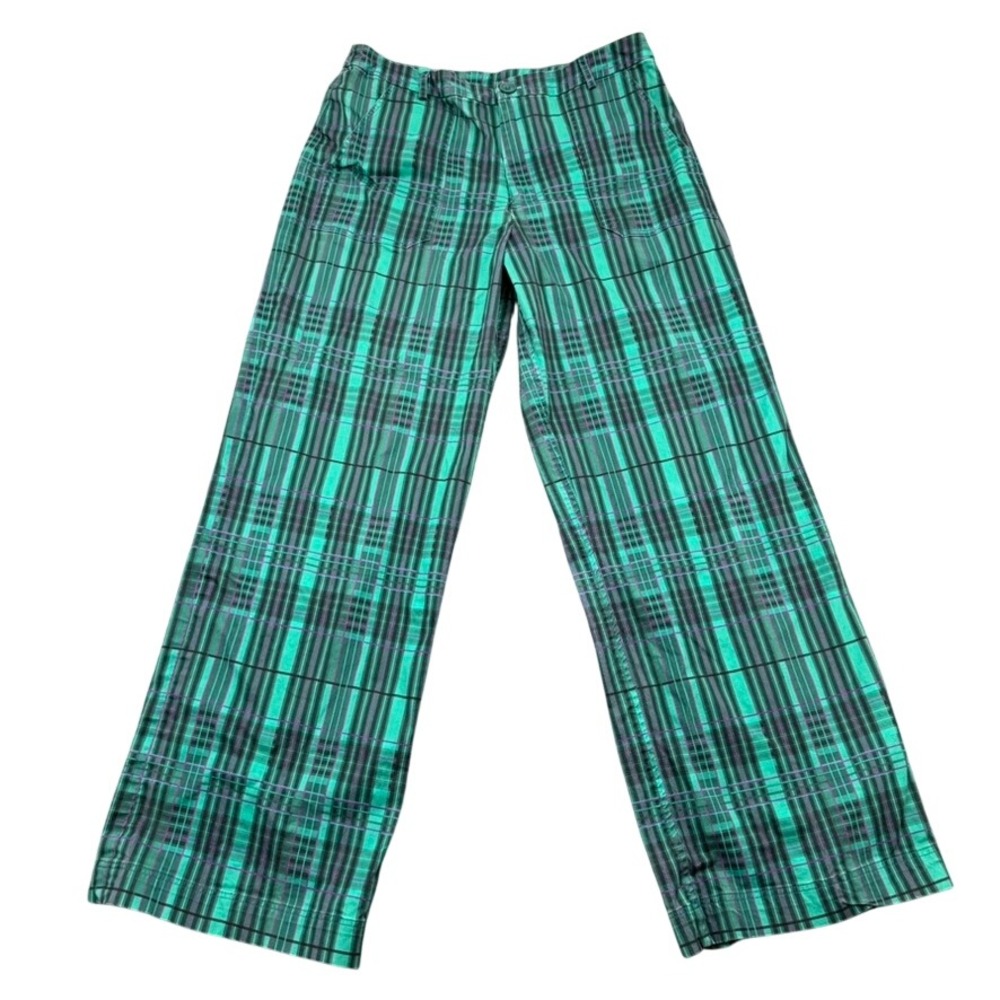 THE KIT Plaid Wide Leg Pants Women 14 Green Cotton Preppy Academia Grunge Y2K